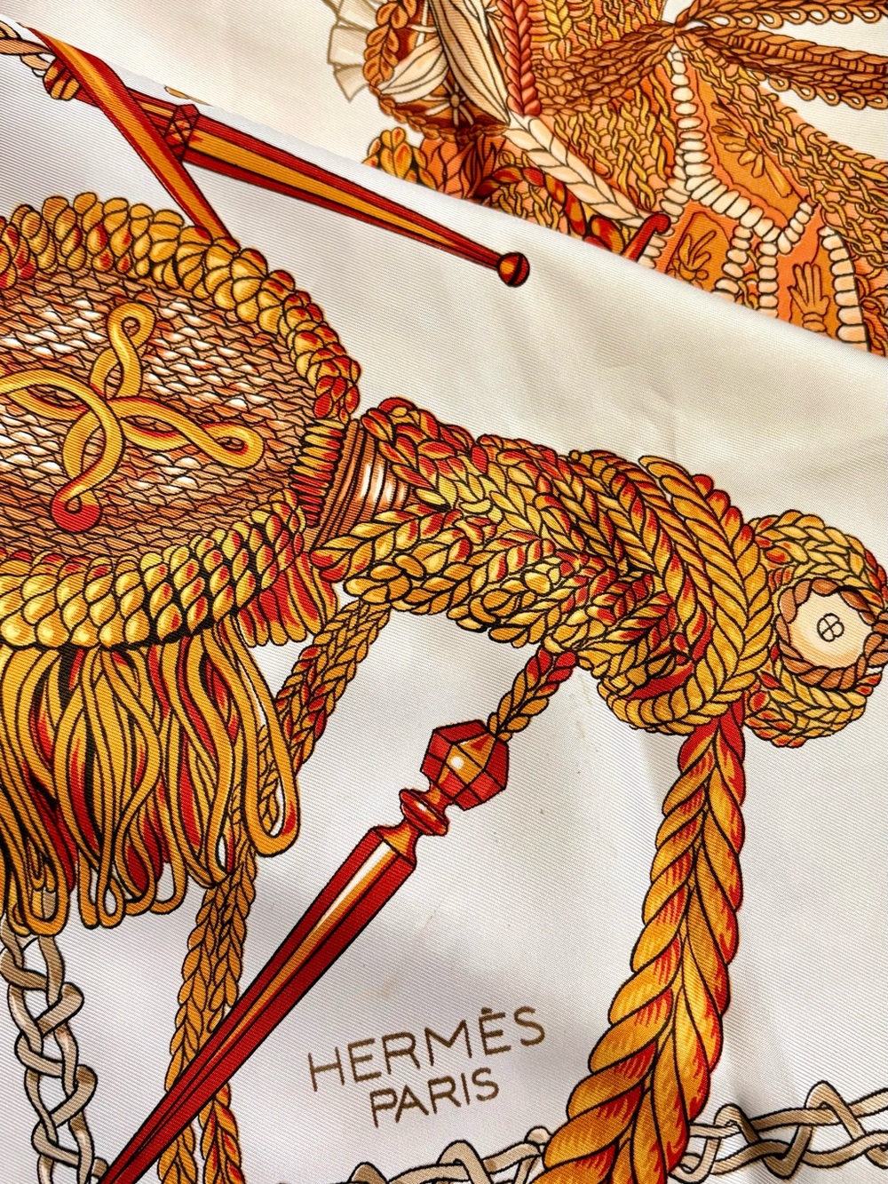 Hermes Gold, White, and Brown Equestrian Silk Scarf Classic